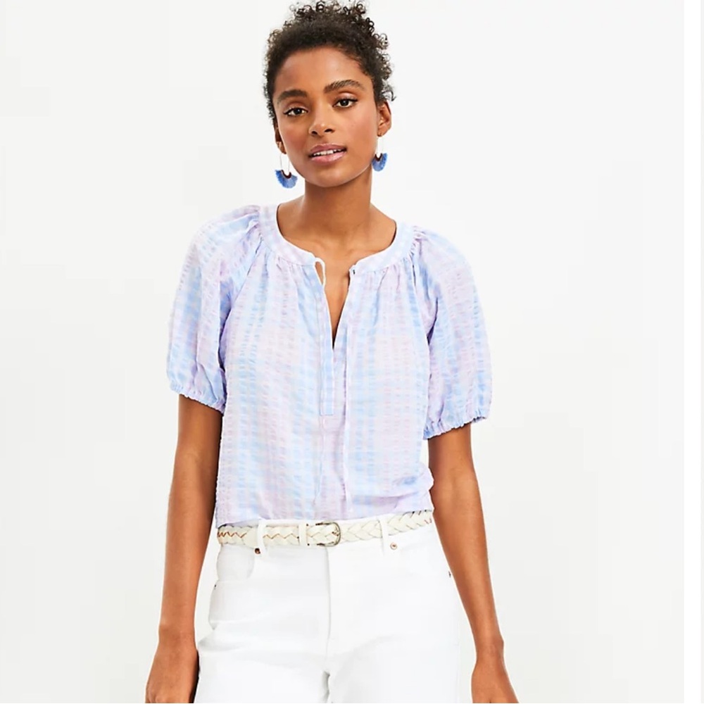 LOFT Striped Tie Neck Puff Sleeve Top